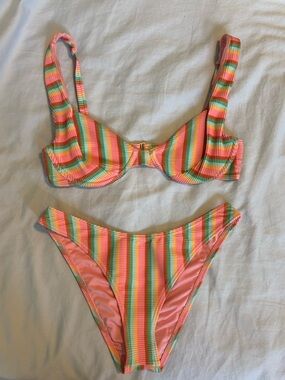 Billabong Coral Pink Multicolor Striped Ribbed Bikini